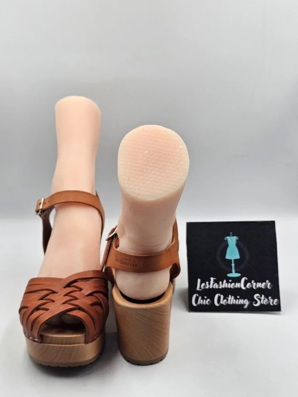 Swedish Hasbeens Womens Braided Tan Leather Sky High Wooden Clogs Sz 9.5 3719 - Picture 11 of 16